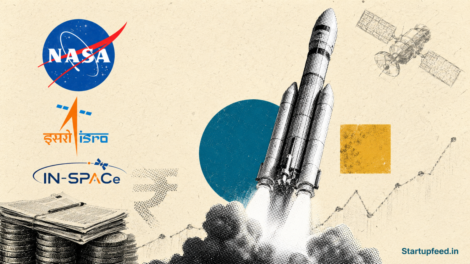 India Space Tech sector illustration with halftone rocket, NASA and ISRO logos, showing the anchor procurement gap.
