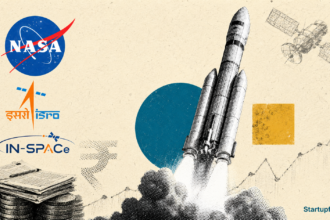 India Space Tech sector illustration with halftone rocket, NASA and ISRO logos, showing the anchor procurement gap.