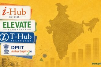 Collage showing top 10 state startup policies in India for 2026, featuring Gujarat iHub, Karnataka ELEVATE, and Telangana T-Hub logos.