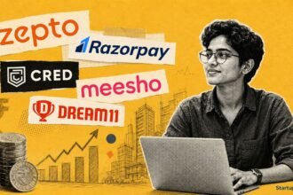 India's 131 unicorn startup companies illustrated with logos of Zepto, Razorpay, and CRED in editorial halftone collage style.