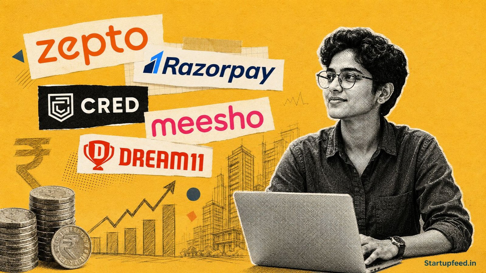 India's 131 unicorn startup companies illustrated with logos of Zepto, Razorpay, and CRED in editorial halftone collage style.