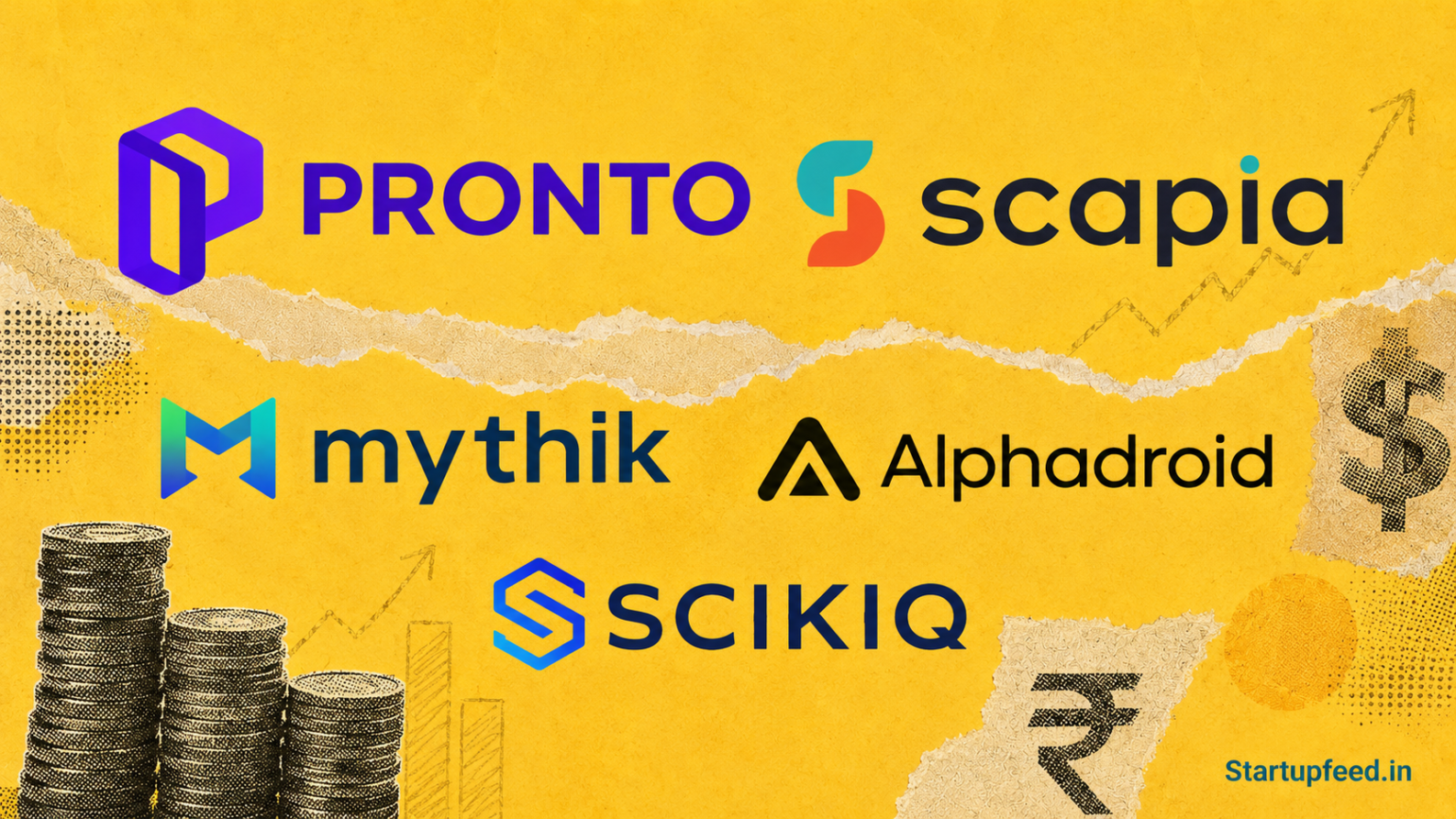 Indian startup funding roundup graphic with logos of Pronto, Scapia, Alphadroid, Mythik, and SCIKIQ.