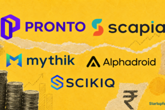 Indian startup funding roundup graphic with logos of Pronto, Scapia, Alphadroid, Mythik, and SCIKIQ.