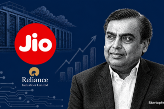 Mukesh Ambani with Jio Platforms logo highlighting Jio to power Reliance's AI cloud and digital services expansion for India.