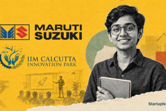 Maruti Suzuki Nurture Cohort 4 program graphic with MSIL logo and early-stage Indian founders at an innovation pitch event.
