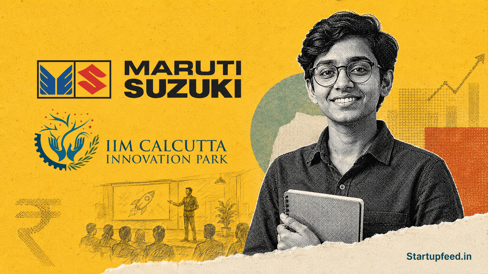 Maruti Suzuki Nurture Cohort 4 program graphic with MSIL logo and early-stage Indian founders at an innovation pitch event.