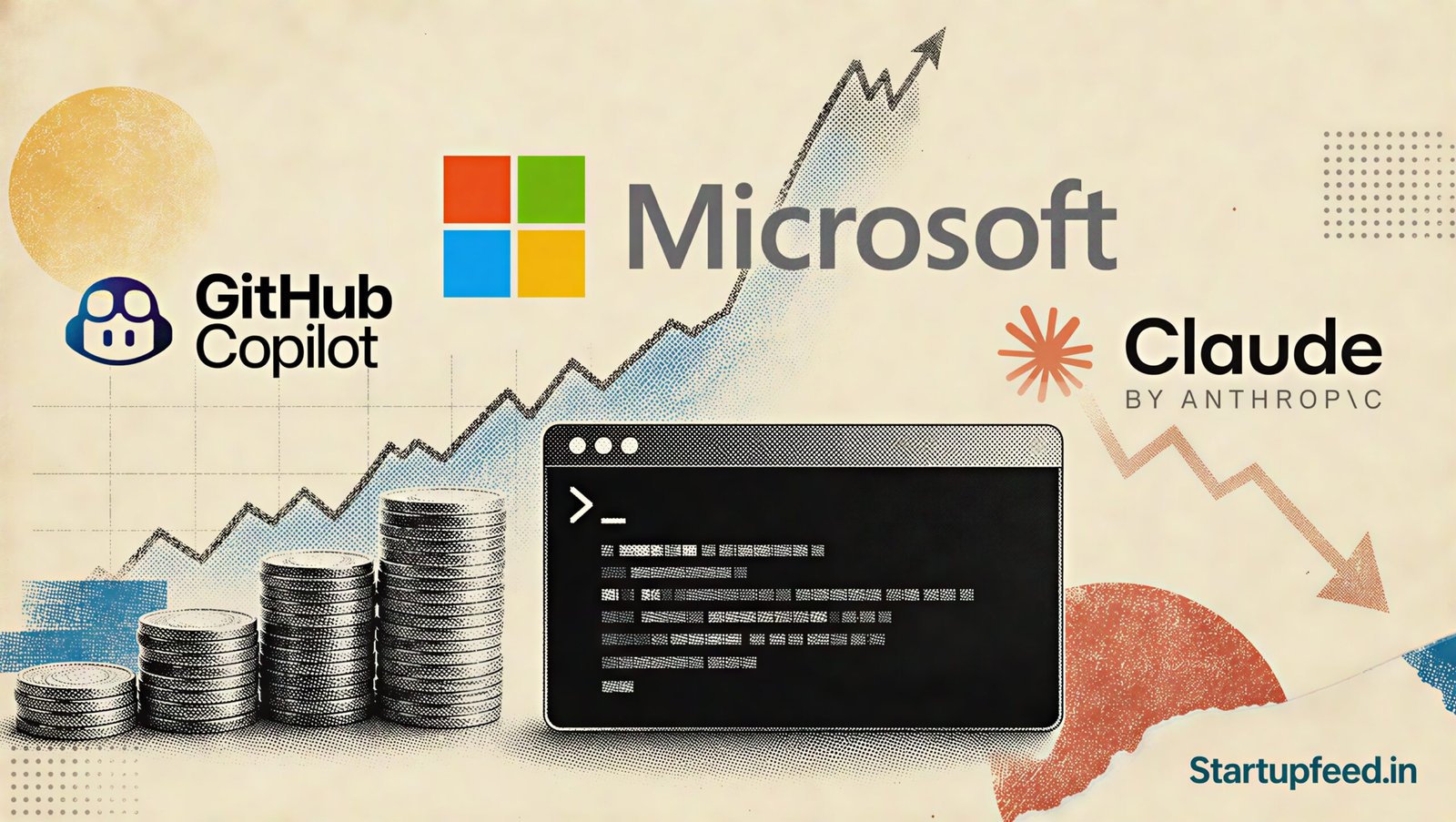 Editorial collage on the Microsoft AI cost squeeze, with Microsoft, Claude Code, and GitHub Copilot logos.