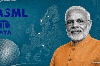 PM Modi at the Modi Europe trip summit in Gothenburg with ASML and Tata logos marking the chip deal.