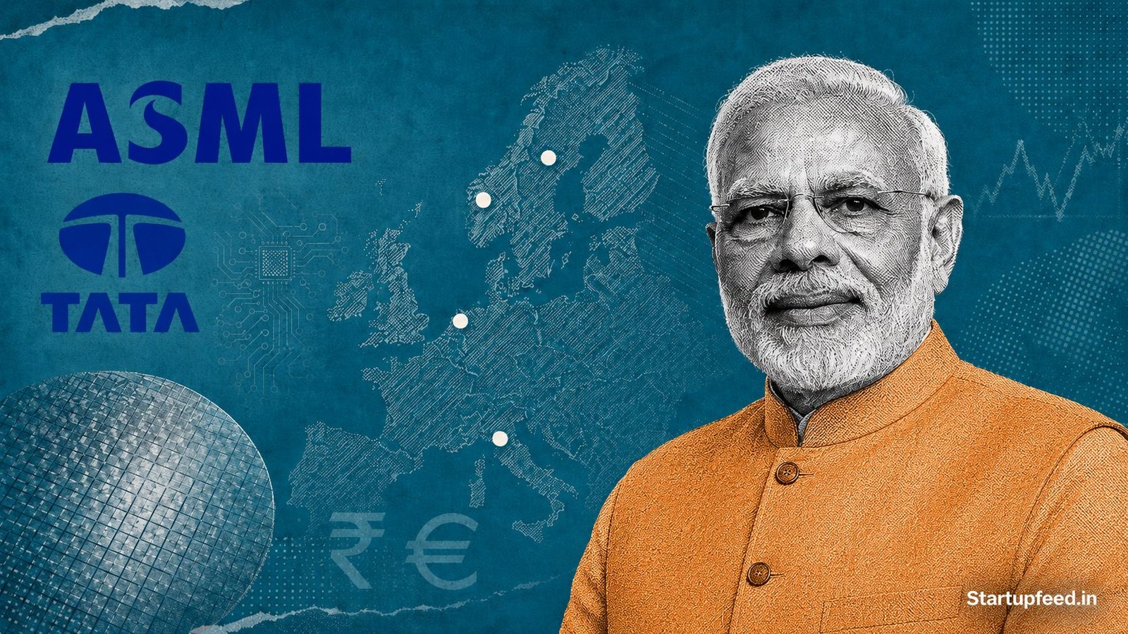 PM Modi at the Modi Europe trip summit in Gothenburg with ASML and Tata logos marking the chip deal.