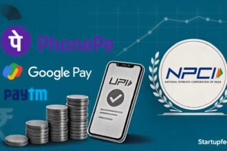 Editorial collage showing PhonePe UPI market share lead in April 2026, with PhonePe, Google Pay, and NPCI logos.