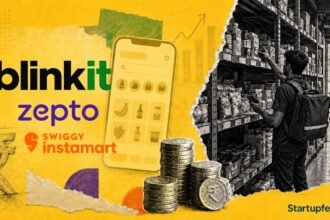 Blinkit, Zepto, and Swiggy Instamart logos arranged as a quick commerce India explainer feature with dark store and delivery rider illustration in editorial halftone style.