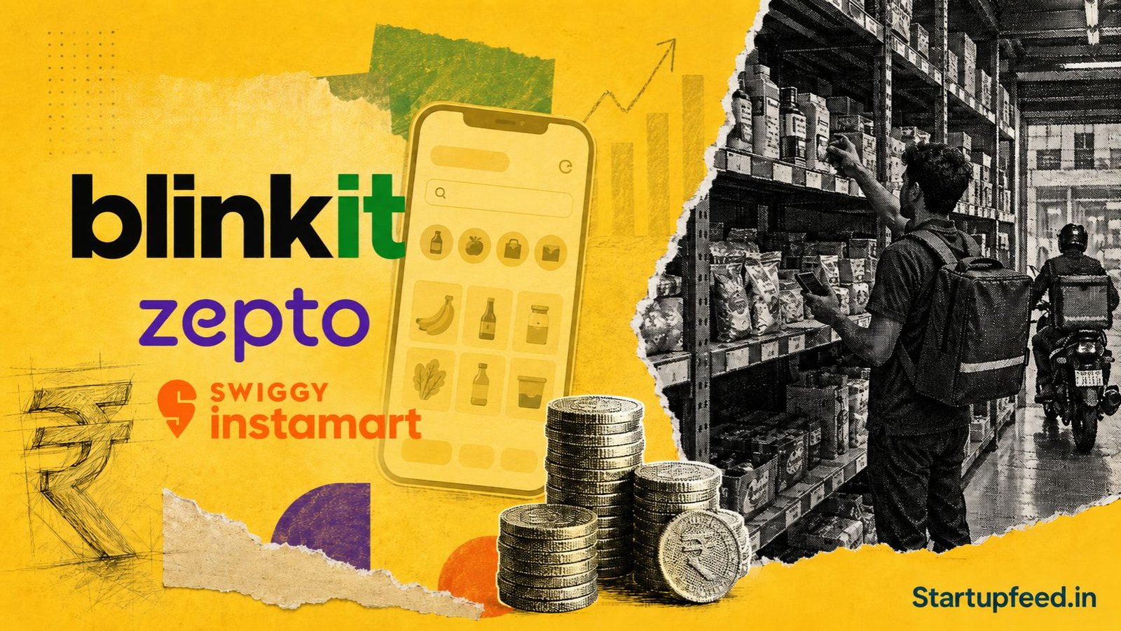 Blinkit, Zepto, and Swiggy Instamart logos arranged as a quick commerce India explainer feature with dark store and delivery rider illustration in editorial halftone style.