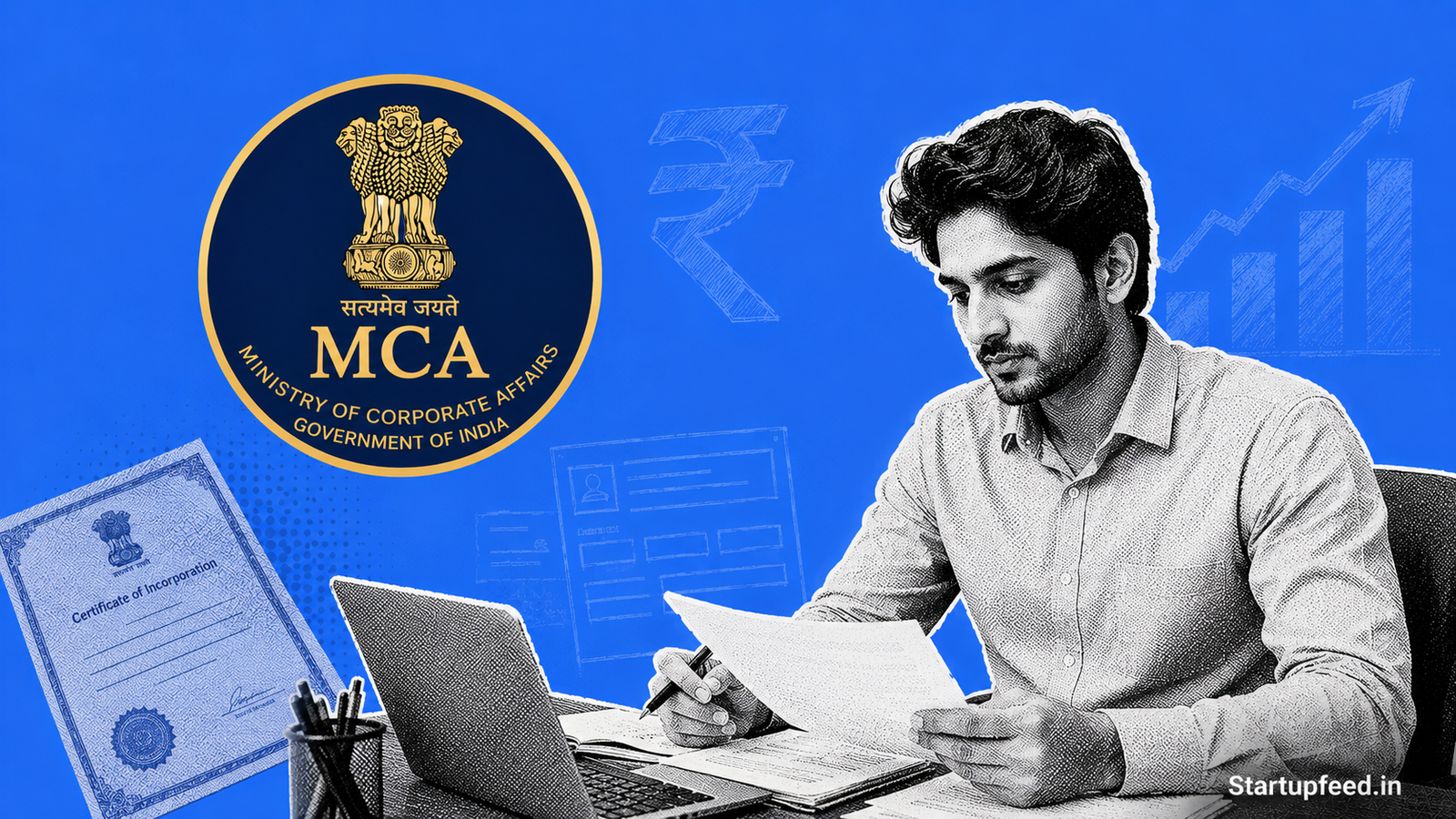 Illustration showing how to register a company in India using the MCA SPICe+ form with six business structure type options displayed. (19 words — within 12-20 range. Contains keyphrase "register a company in India." Complete descriptive sentence.)