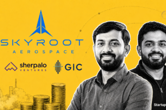 Skyroot Aerospace raises $60 Mn with co-founders Pawan Kumar Chandana and Naga Bharath Daka alongside Sherpalo Ventures and GIC logos marking India's first spacetech unicorn.