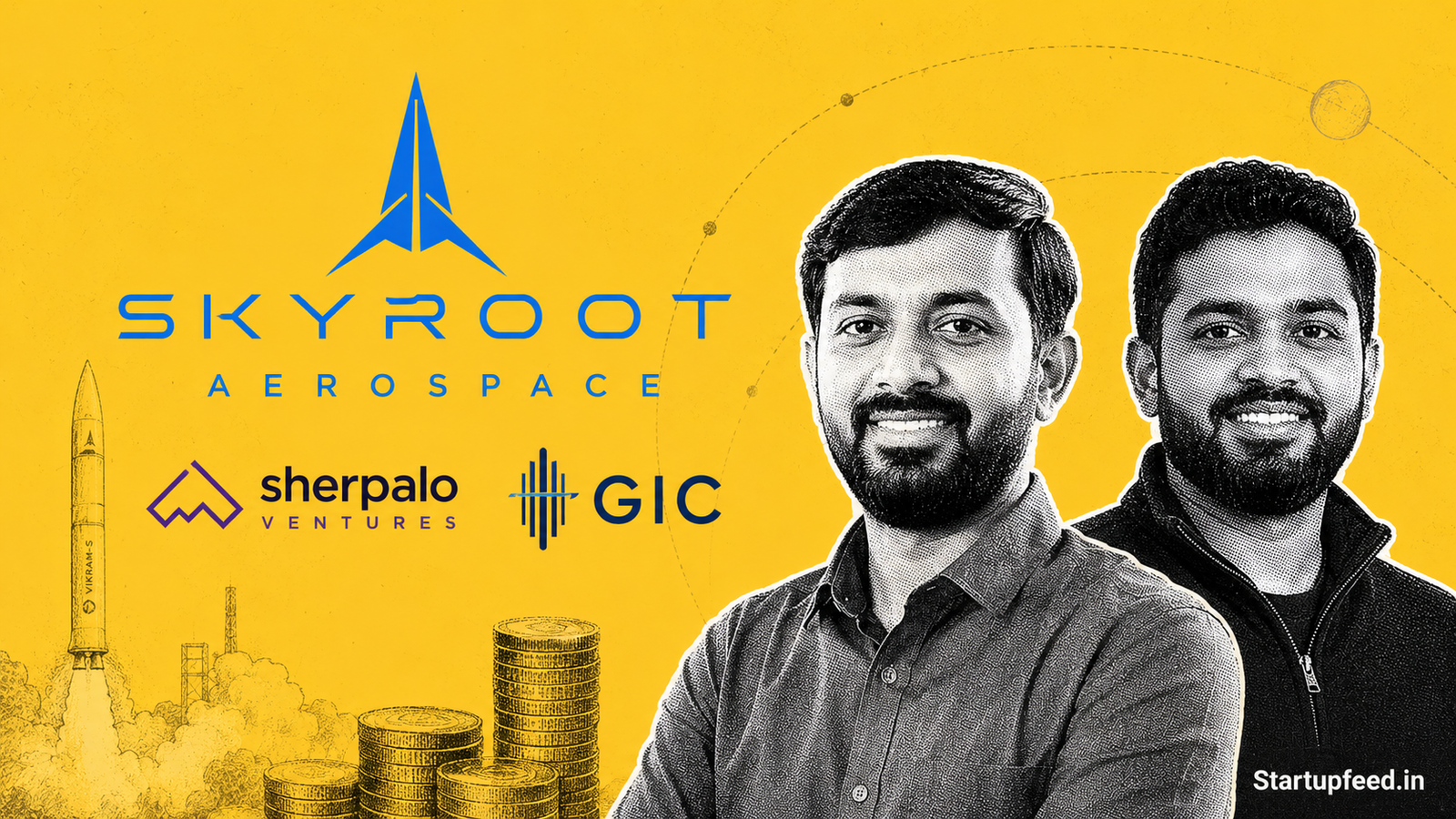 Skyroot Aerospace raises $60 Mn with co-founders Pawan Kumar Chandana and Naga Bharath Daka alongside Sherpalo Ventures and GIC logos marking India's first spacetech unicorn.