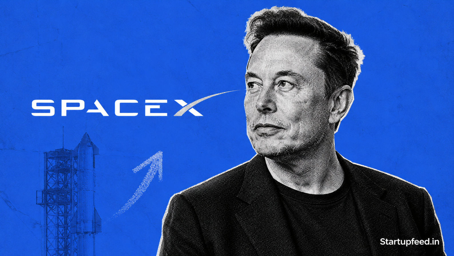 SpaceX Starship V3 launches on Flight 12 from Starbase, with founder Elon Musk and the SpaceX logo over a halftone rocket illustration.