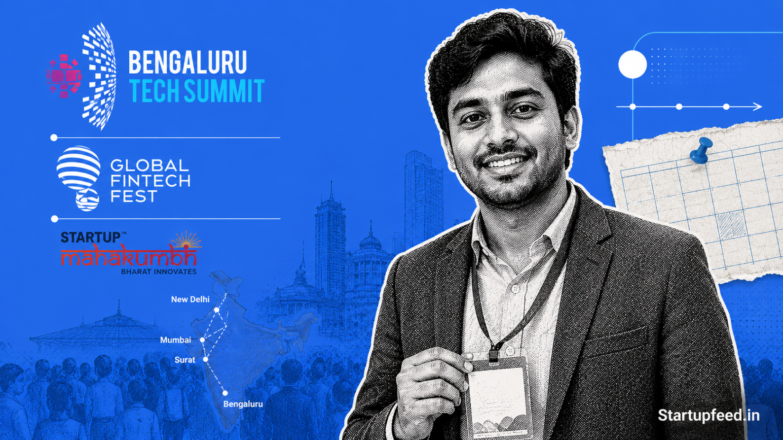Startup Events India 2026 collage showing founders, investors, and city landmarks from conferences in New Delhi, Mumbai, Surat, and Bengaluru.