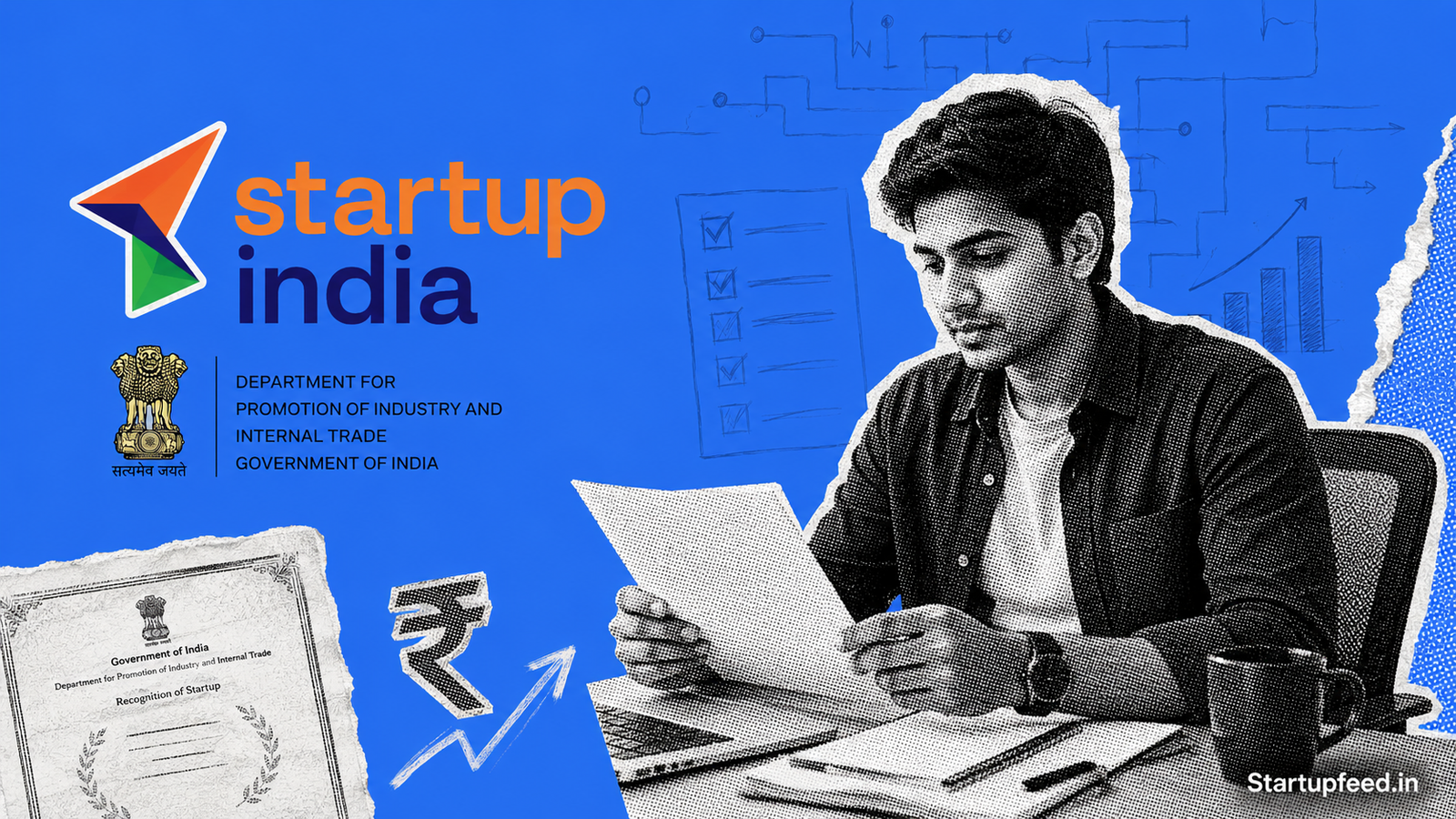 Startup India Guide showing DPIIT recognition certificate benefits including Section 80-IAC tax holiday Fund of Funds and patent rebate for Indian founders in 2026.