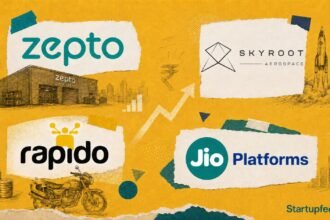 Halftone collage for this week in Indian startups May 11-17 2026 roundup featuring Zepto Skyroot Rapido and Jio Platforms logos on mustard gold background.
