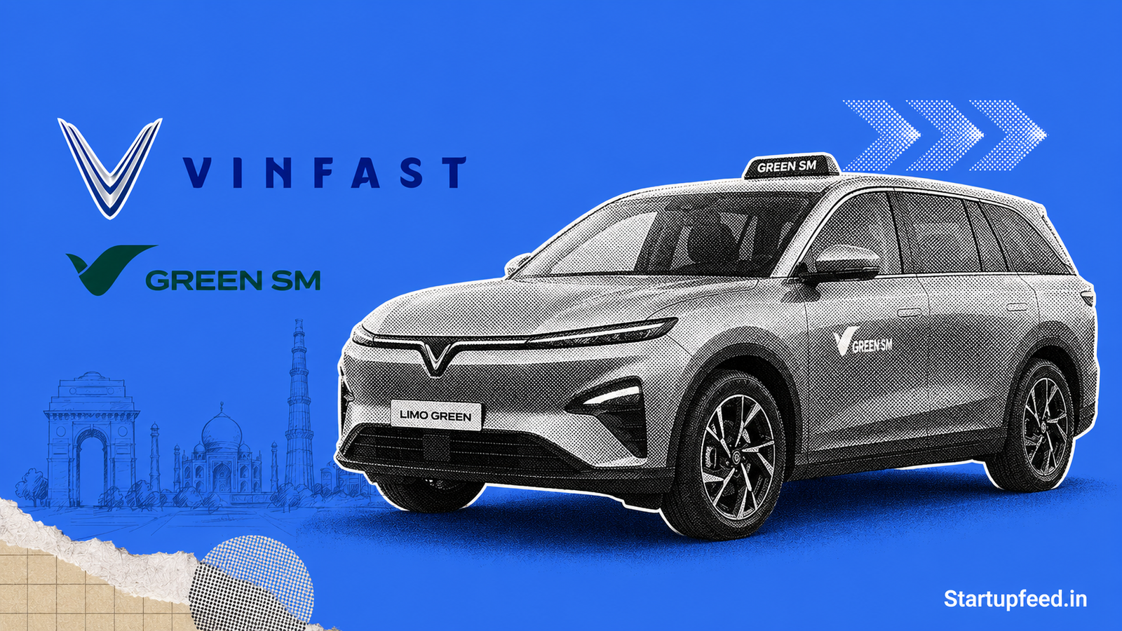 VinFast EV cab fleet with Green SM branding and the VinFast logo, ahead of the Rs 8/km India launch.