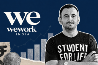 Karan Virwani with WeWork India logo announcing the WeWork India Q4 profit jump to Rs 65.9 Cr.