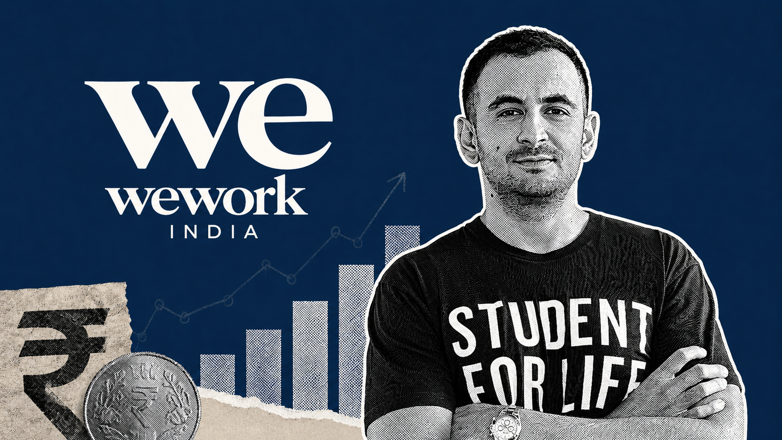 Karan Virwani with WeWork India logo announcing the WeWork India Q4 profit jump to Rs 65.9 Cr.