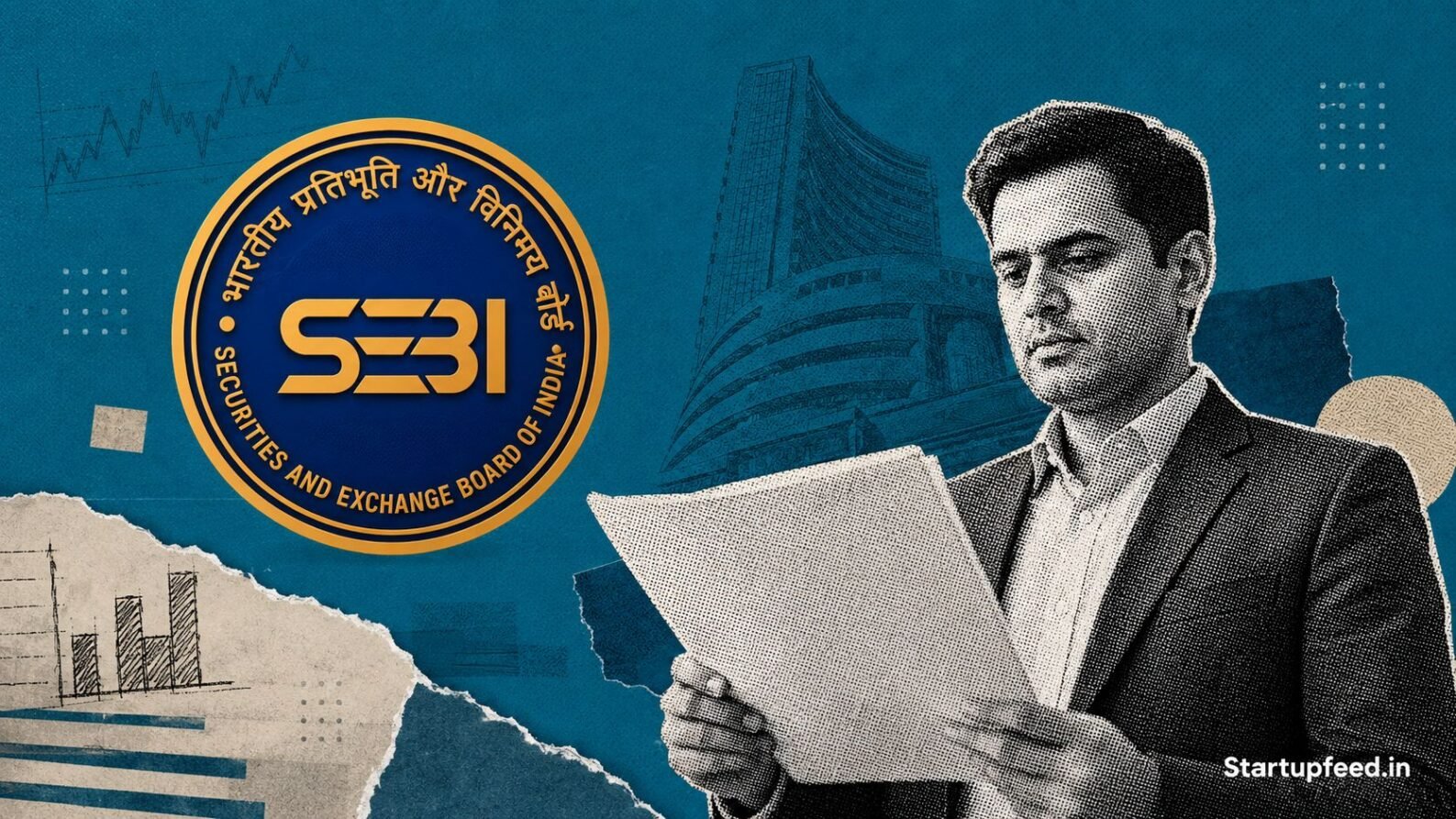 What Is a DRHP illustration showing the official SEBI emblem alongside a halftone executive reviewing an IPO filing document.