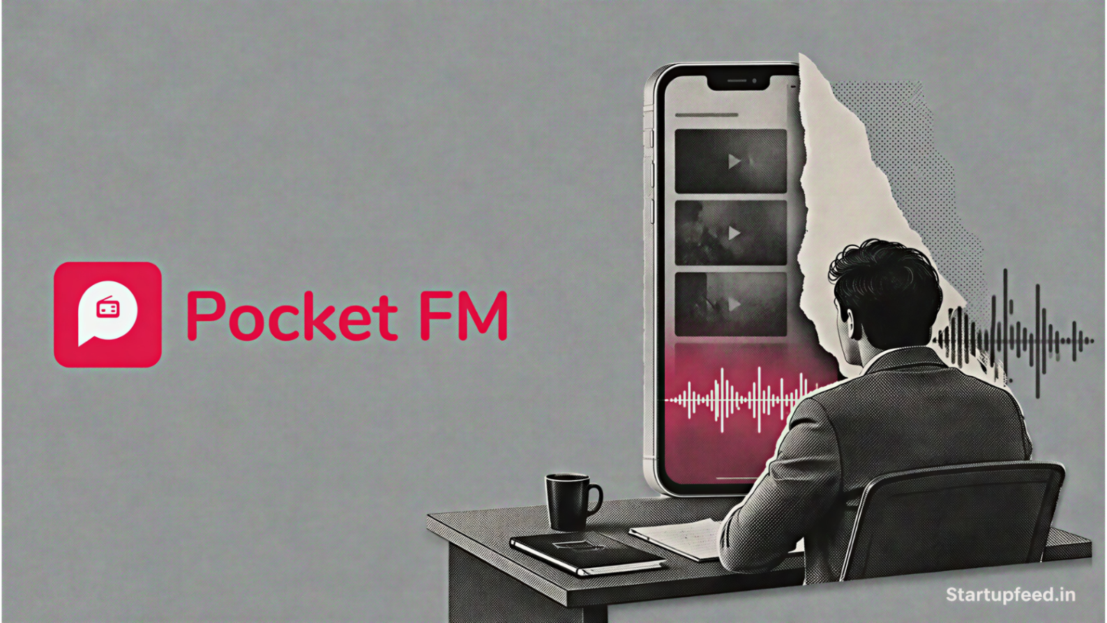 Pocket FM shuts Pocket TV visual with the official logo, a halftone smartphone, torn paper, and a subdued slate-grey background
