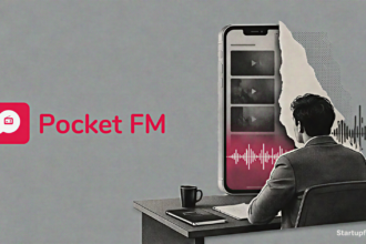 Pocket FM shuts Pocket TV visual with the official logo, a halftone smartphone, torn paper, and a subdued slate-grey background