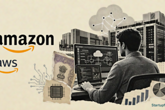 Amazon India investment visual with Amazon and AWS logos, halftone data centres, AI circuitry, and cloud infrastructure