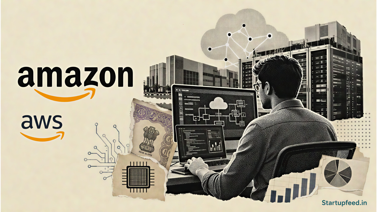 Amazon India investment visual with Amazon and AWS logos, halftone data centres, AI circuitry, and cloud infrastructure