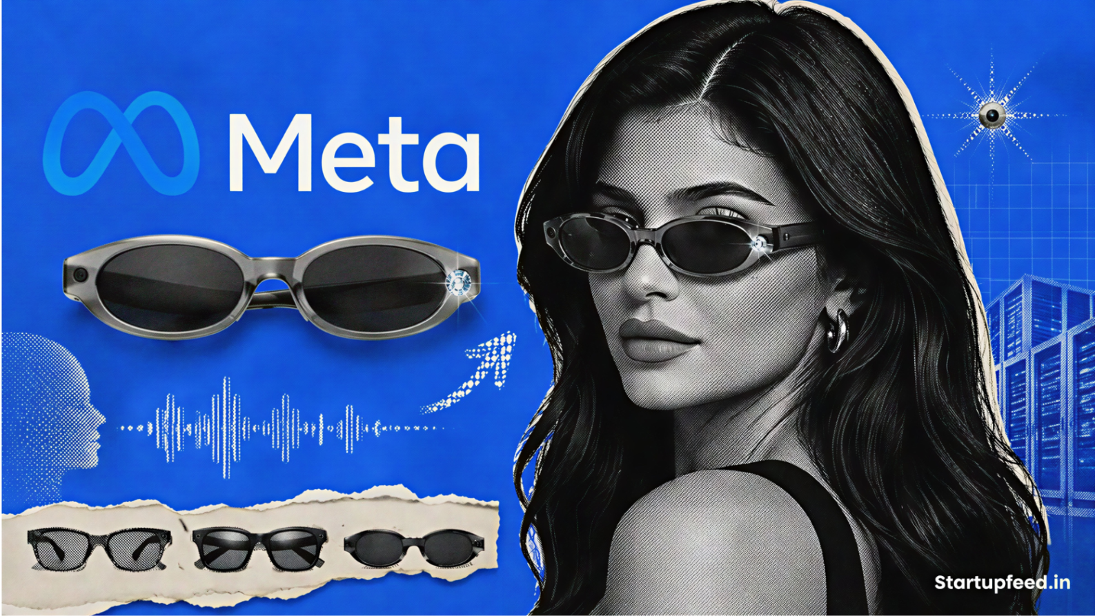 Meta Glasses by Kylie visual with Jenner in oval smart eyewear, Meta branding, AI waveform accents, and an electric-blue background