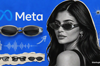 Meta Glasses by Kylie visual with Jenner in oval smart eyewear, Meta branding, AI waveform accents, and an electric-blue background
