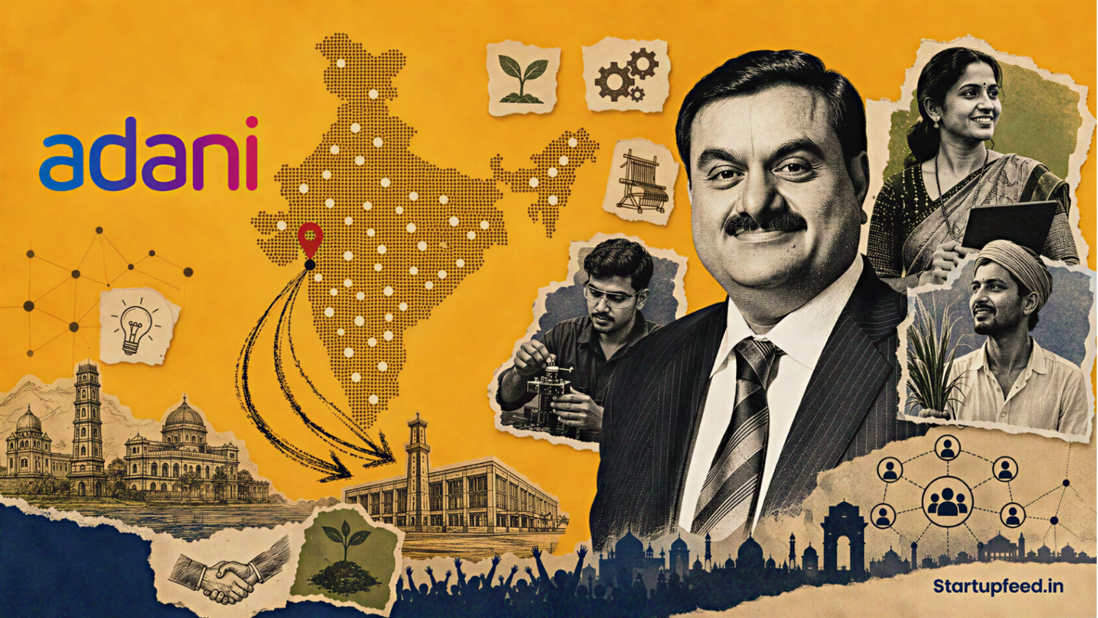 Adani Vande Bharatam visual with Gautam Adani, a halftone India map, grassroots founders, and the official Adani logo