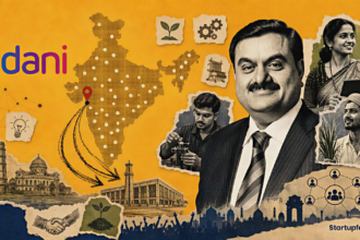 Adani Vande Bharatam visual with Gautam Adani, a halftone India map, grassroots founders, and the official Adani logo