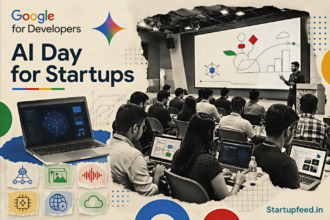 AI Day for Startups visual with Gurugram founders, Google branding, laptops, Gemini tools and a halftone workshop scene