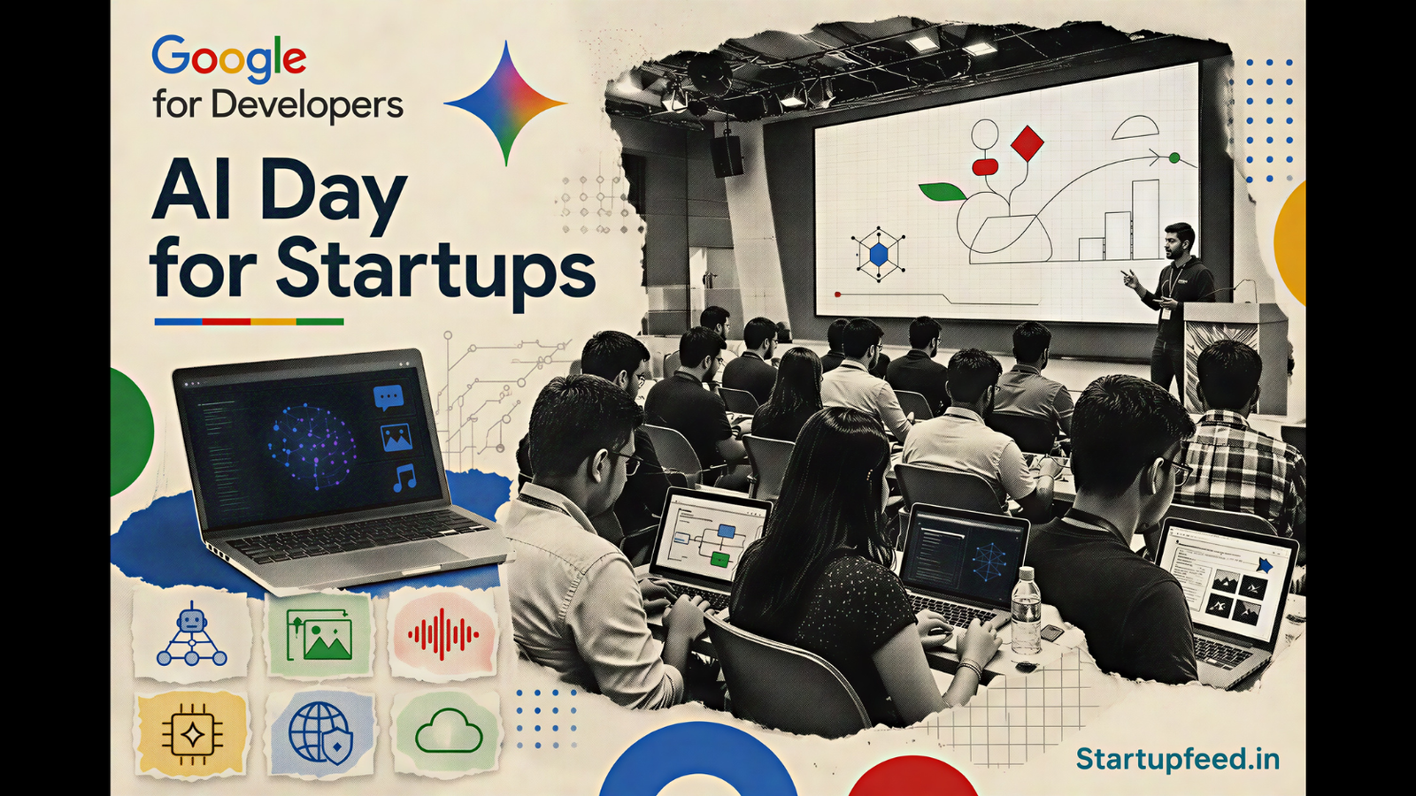 AI Day for Startups visual with Gurugram founders, Google branding, laptops, Gemini tools and a halftone workshop scene