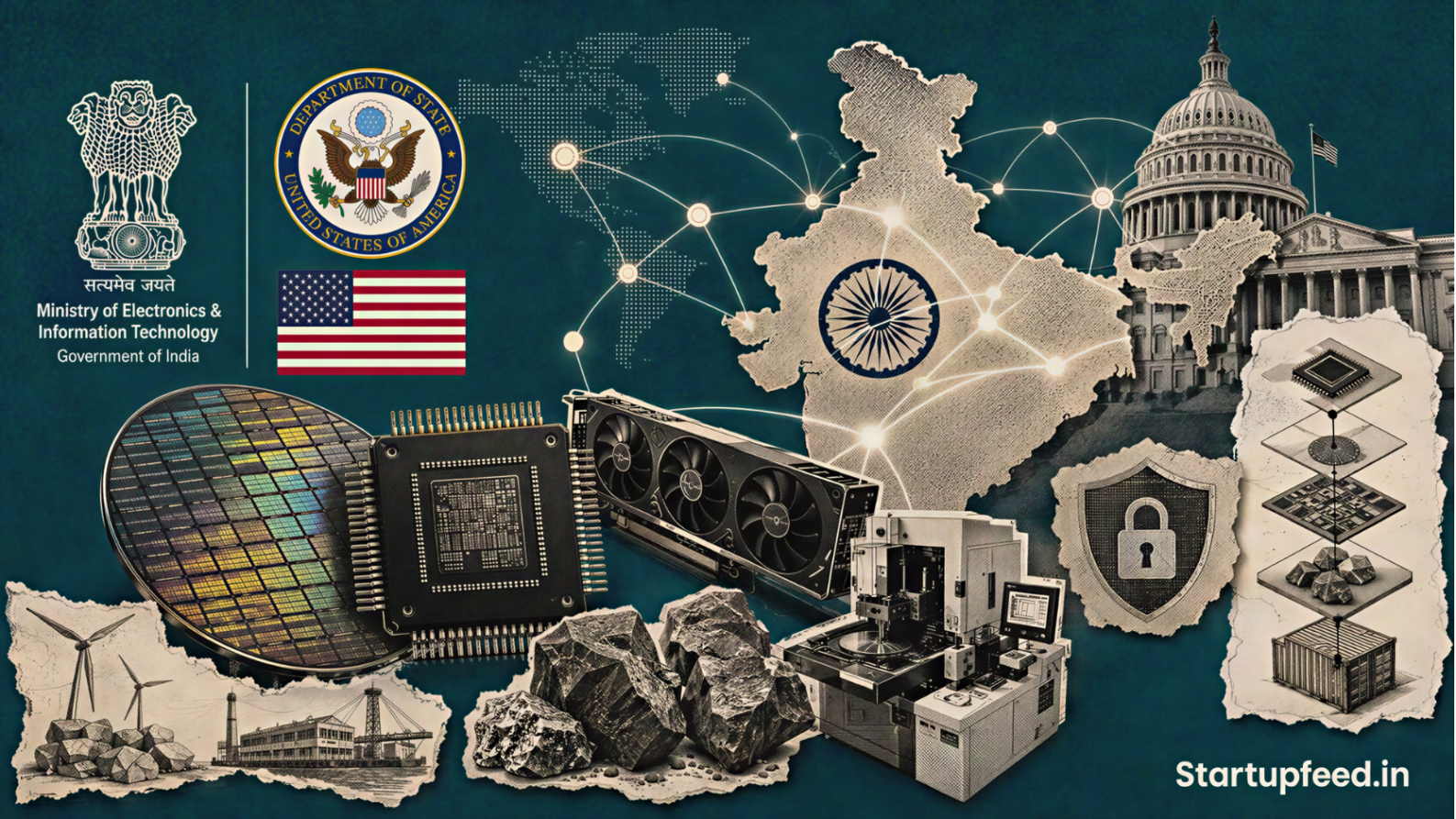 India Pax Silica visual with India-US emblems, semiconductor chips, critical minerals and a secure global supply-chain network