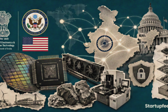India Pax Silica visual with India-US emblems, semiconductor chips, critical minerals and a secure global supply-chain network