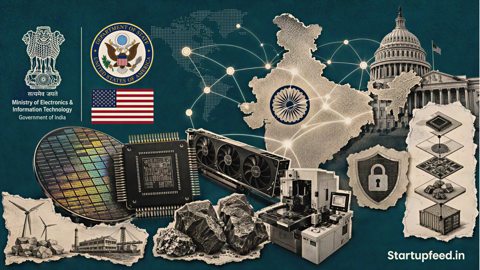 India Pax Silica visual with India-US emblems, semiconductor chips, critical minerals and a secure global supply-chain network