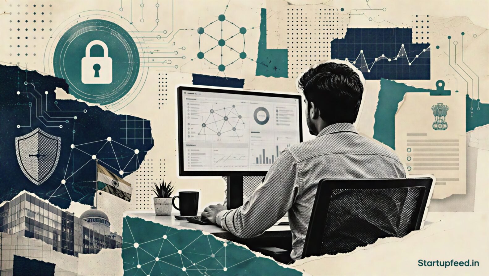 Agentic AI Surge visual with autonomous systems, governance documents and security controls as 51% of Indian firms favour sector-specific rules