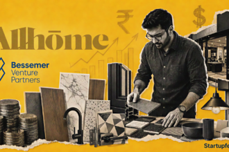AllHome raises Rs 200 Cr visual with its official logo, home-material collage, Bessemer branding and a mustard funding backdrop