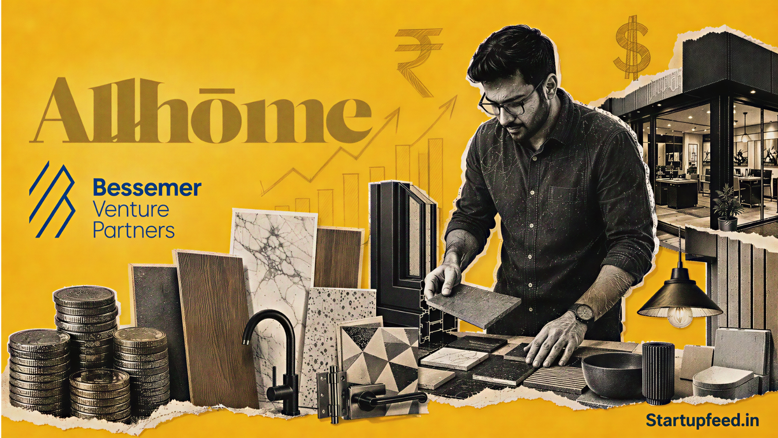 AllHome raises Rs 200 Cr visual with its official logo, home-material collage, Bessemer branding and a mustard funding backdrop