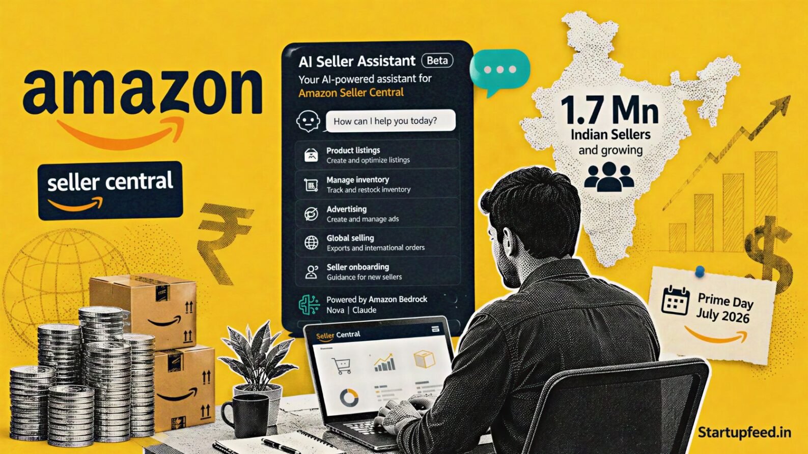 Amazon AI Seller Assistant dashboard collage with Amazon logo, AI desk scene and 1.7 Mn Indian sellers