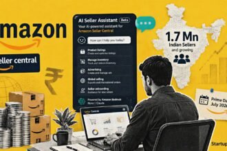 Amazon AI Seller Assistant dashboard collage with Amazon logo, AI desk scene and 1.7 Mn Indian sellers