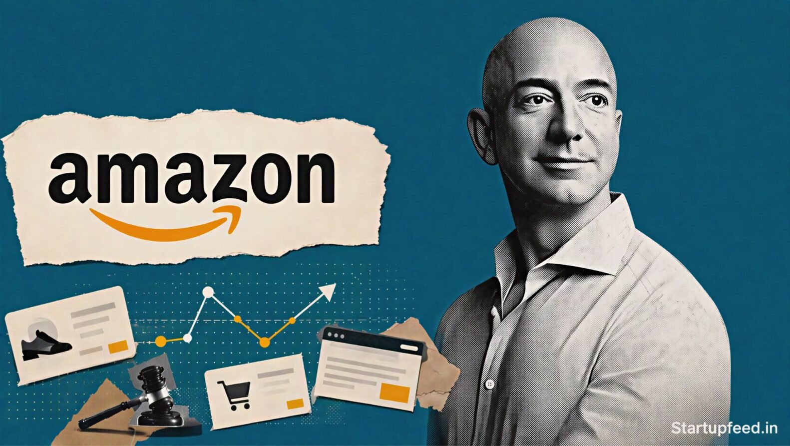 Amazon FTC Ad Suit visual with Amazon logo, FTC seal and halftone regulator headquarters against a deep teal background