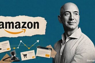Amazon FTC Ad Suit visual with Amazon logo, FTC seal and halftone regulator headquarters against a deep teal background