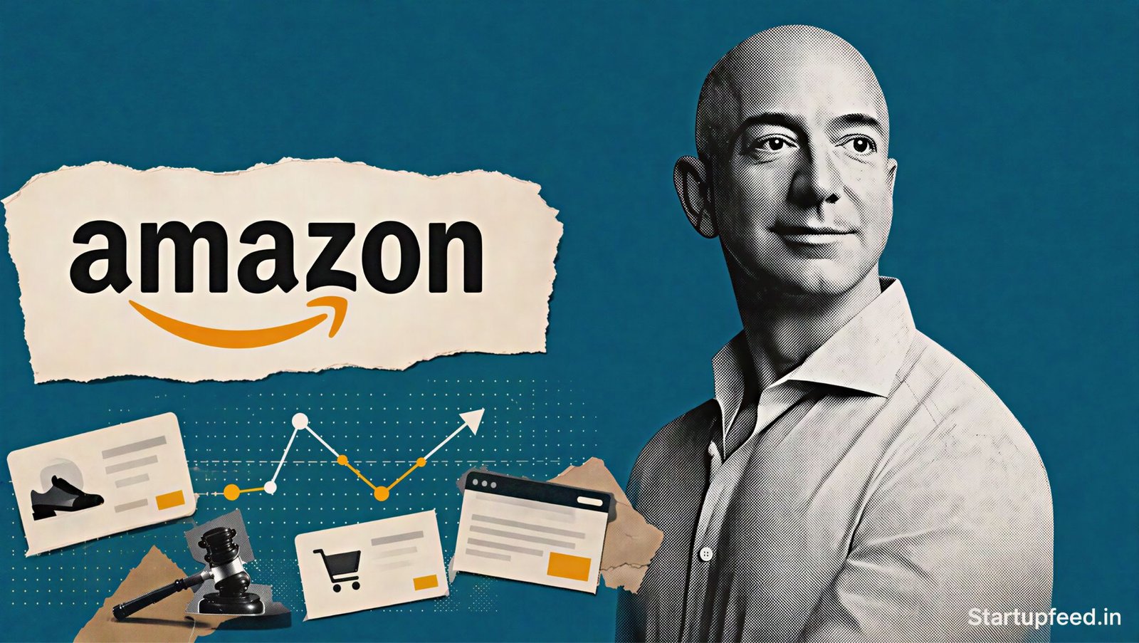 Amazon FTC Ad Suit visual with Amazon logo, FTC seal and halftone regulator headquarters against a deep teal background