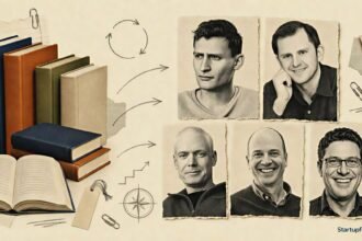 Best books for entrepreneurs represented by five halftone author portraits, stacked books and torn-paper editorial elements