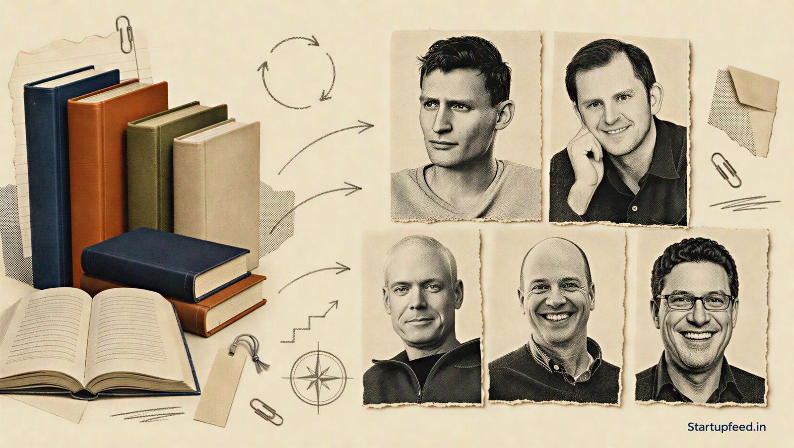 Best books for entrepreneurs represented by five halftone author portraits, stacked books and torn-paper editorial elements
